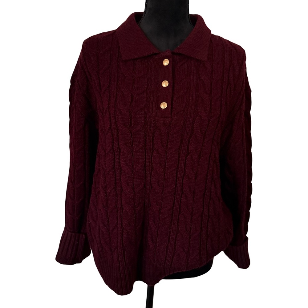 ZARA Burgundy Wool Blend Cable Knit Sweater | Button Placket‎ | Preppy Fall Knit